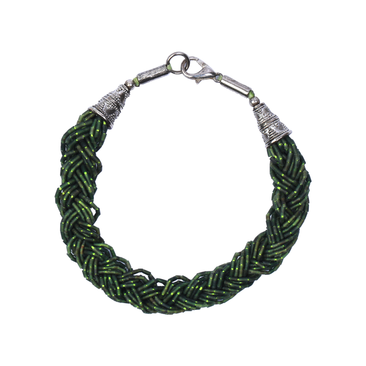 Green Jet Braided Jewelry Set | Silver Necklace, Earrings & Bracelet