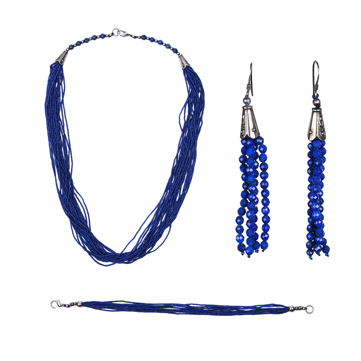 Lapis Lazuli Beaded Jewelry Set | Sterling Silver Necklace, Earrings & Bracelet