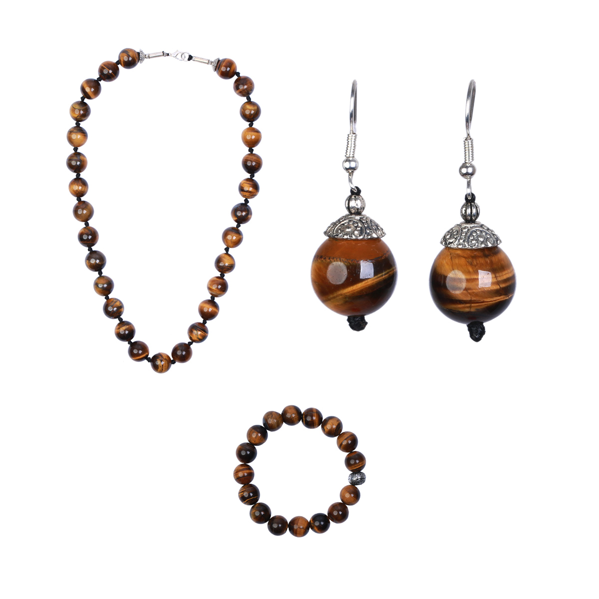Brown Tiger Eye Beaded Jewelry Design | Sterling Silver Necklace, Earrings & Bracelet