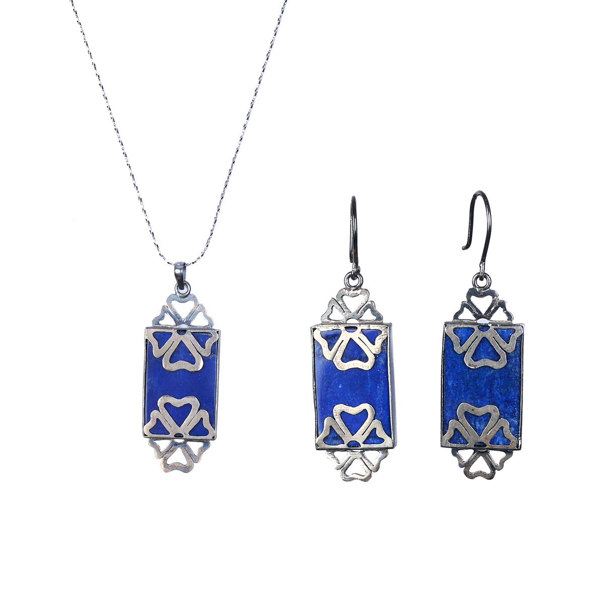 Lapis Lazuli Floral Design Jewelry Design | Sterling Silver Pendant & Earrings