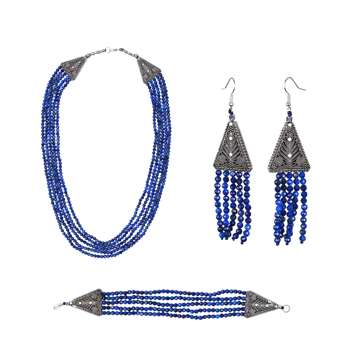 Lapis Lazuli Multi-Stranded Jewelry Set | Sterling Silver Necklace, Earrings & Bracelet