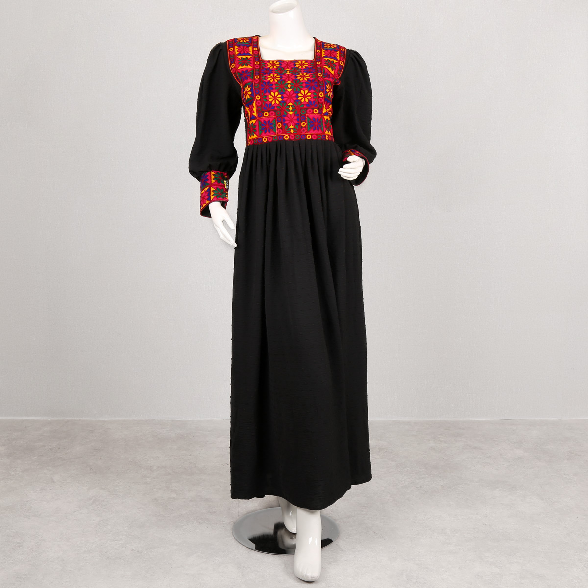 Raihan Cross Stitch Pleated Frock | Black Cuff Sleeve Long Afghan Dress