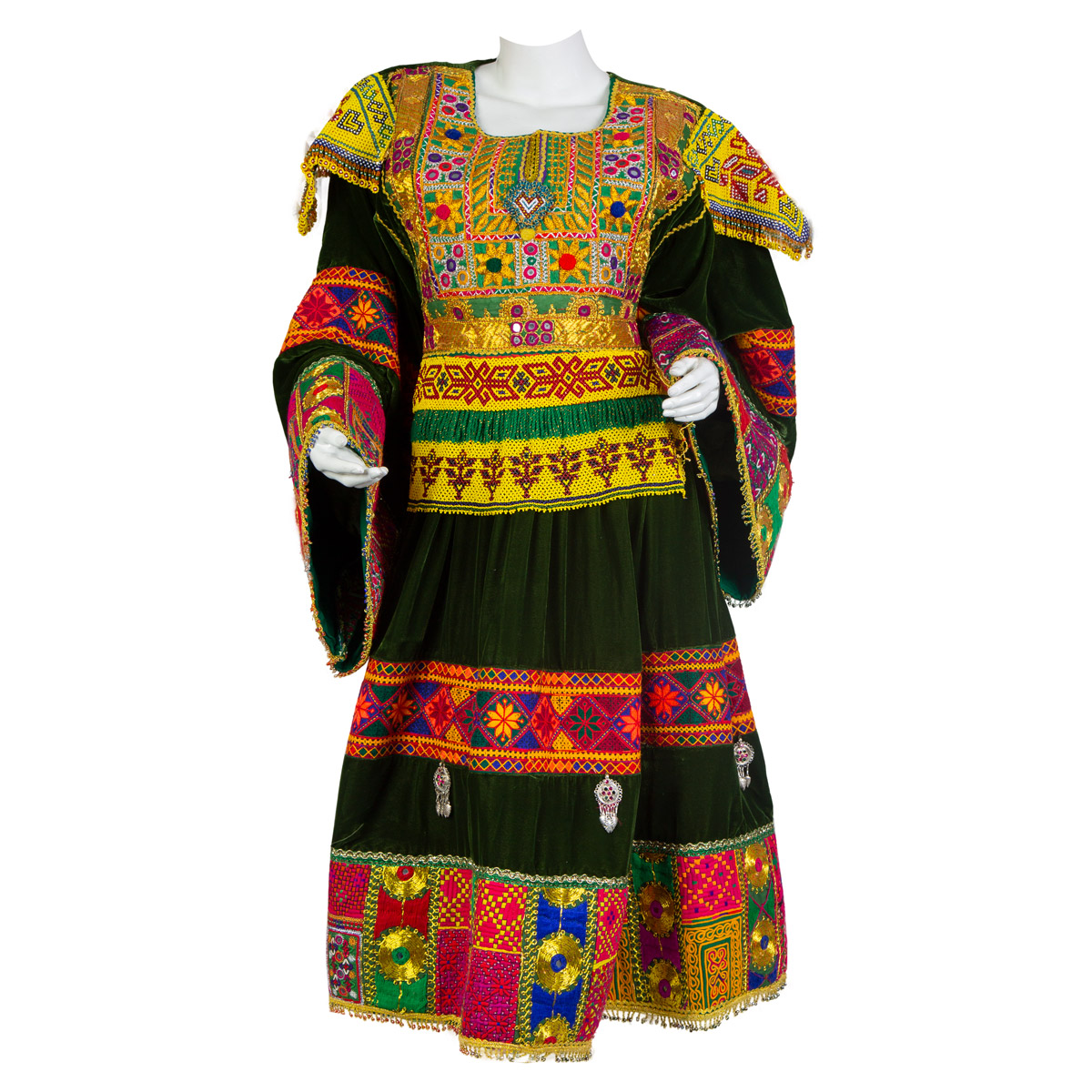 Fancy Embroidered Velvet Dress in Dark Pistachio  | Gande Afghani 