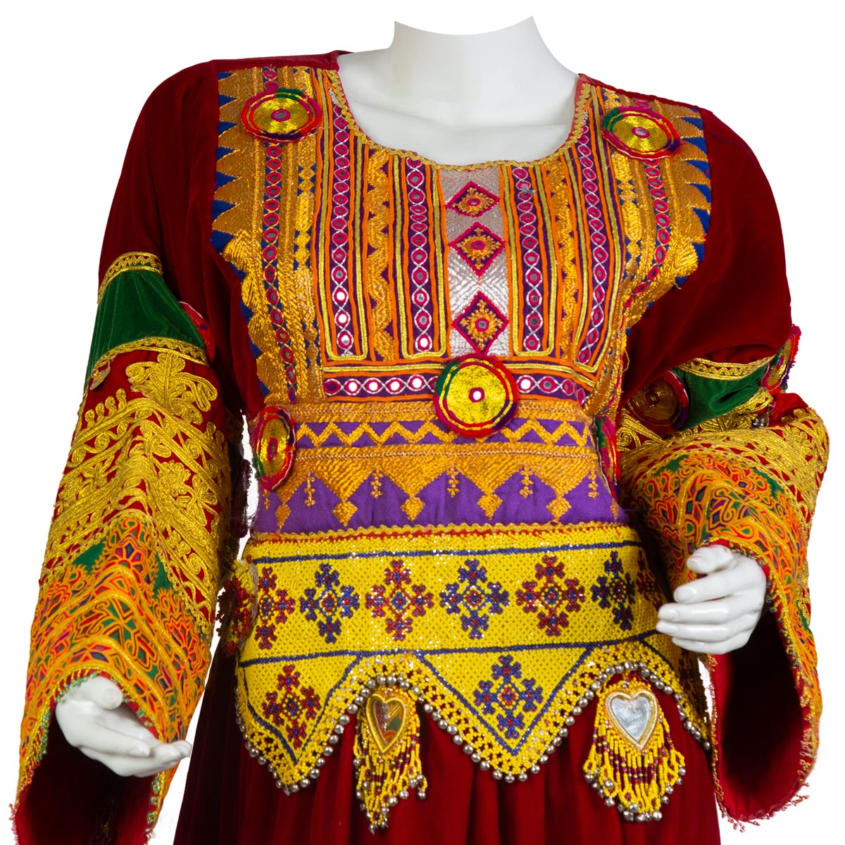 Cherma and Mirror Embroidered Red Velvet Party Frock| Gande Afghani