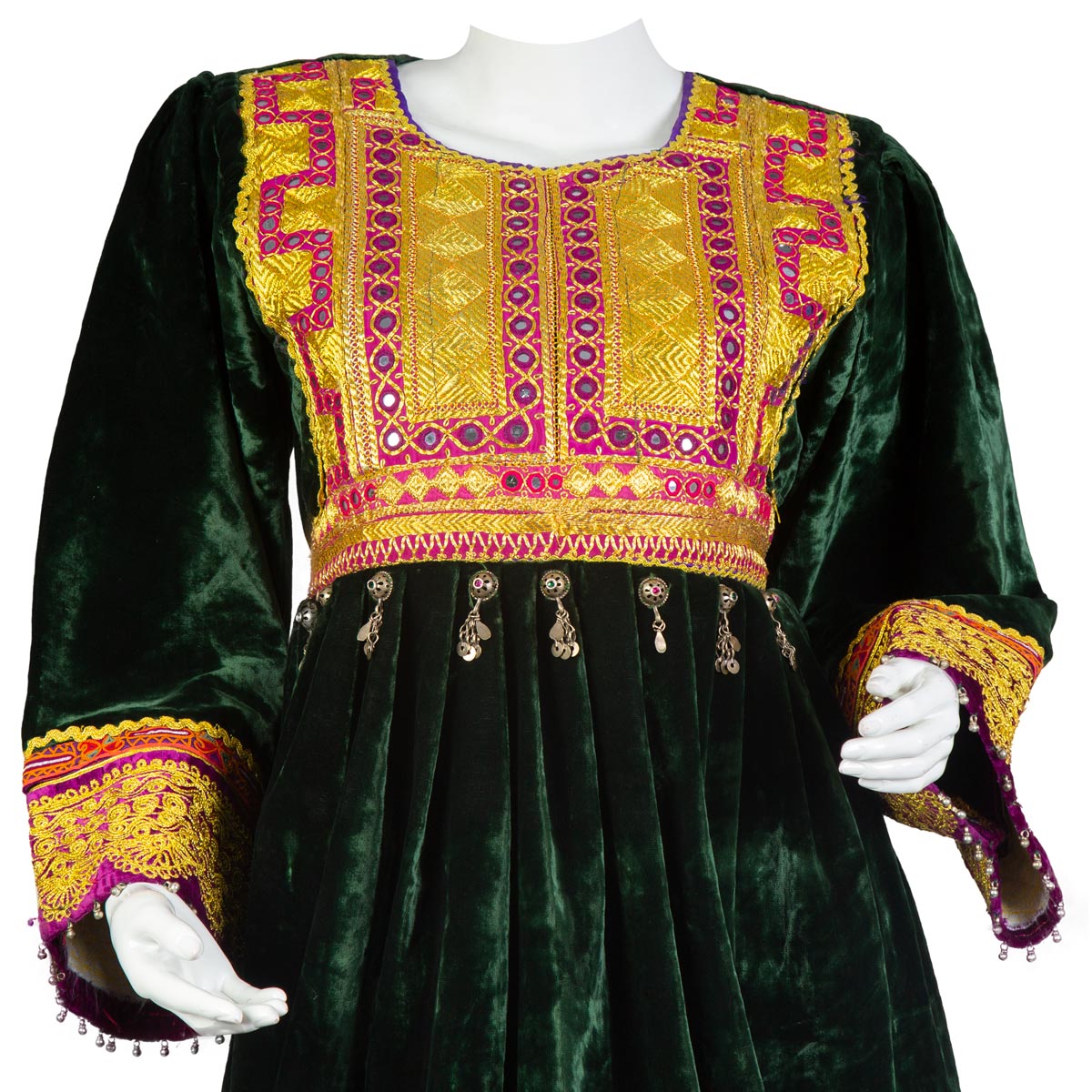 Forest Green Velvet Frock With Pink Mirror Work | Gande Afghani