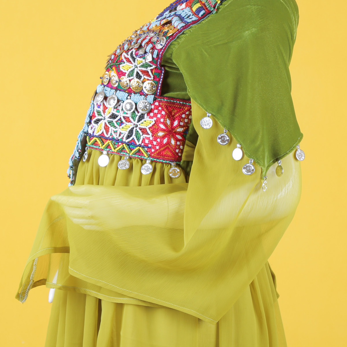 Mustard Hazaragi Bead Embroidered Long dress | Pleated Party Wear Long Frock