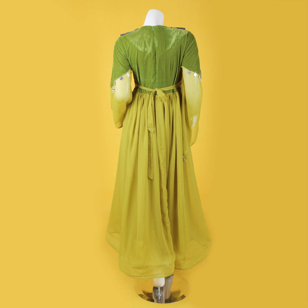 Mustard Hazaragi Bead Embroidered Long dress | Pleated Party Wear Long Frock