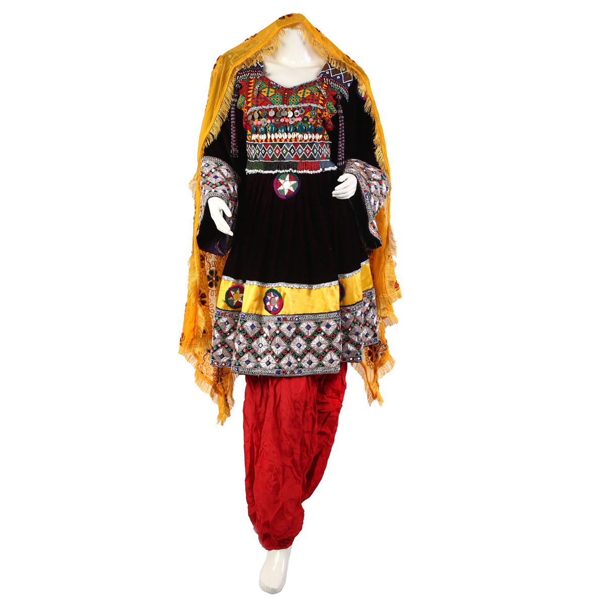 Black Velvet Afghan Kuchi Dress With Mirror Embroidery Design