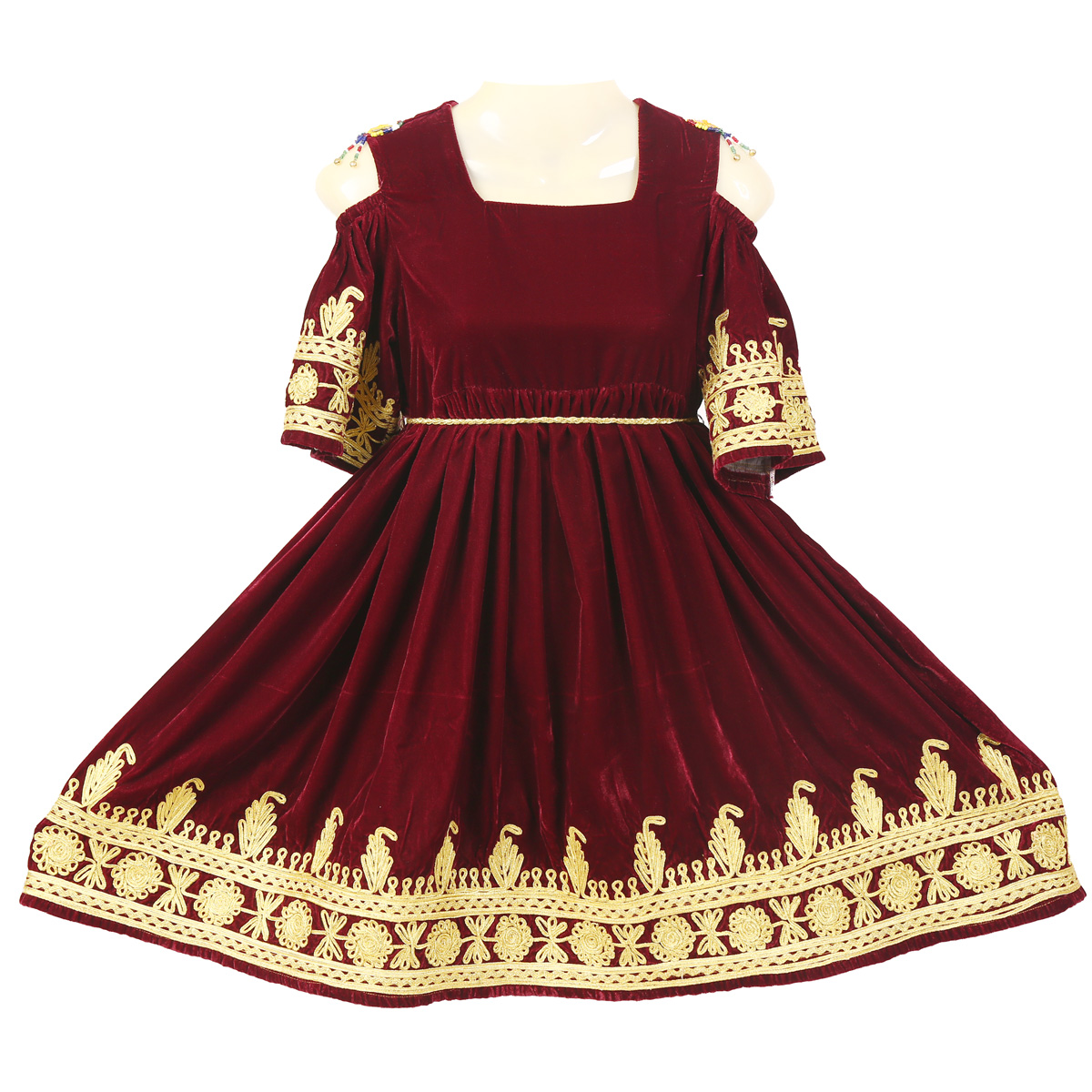 Red Afghan Frock With Golden Kuchi Embroidery