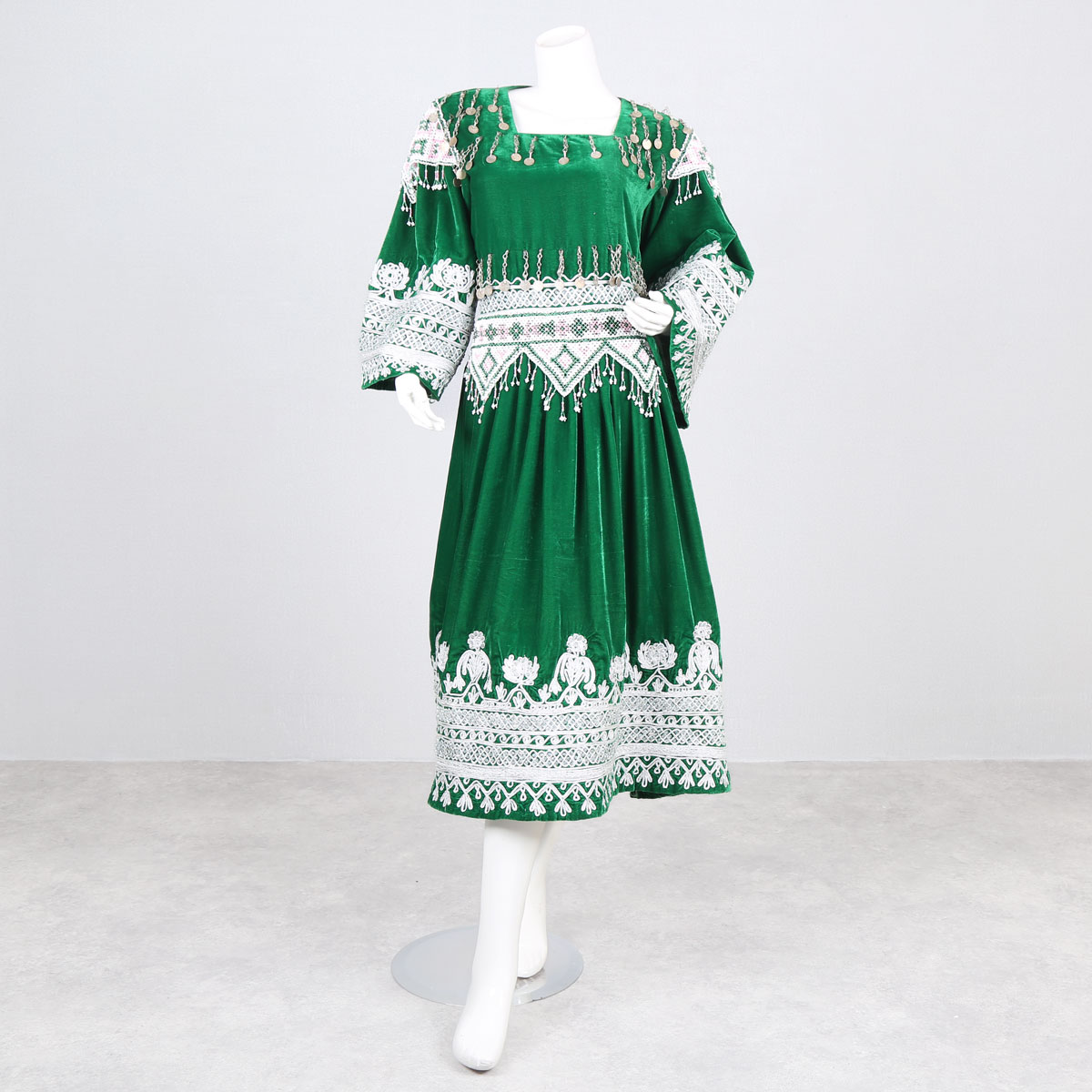 Graph Embroidered Party Dress | Green Velvet Frock