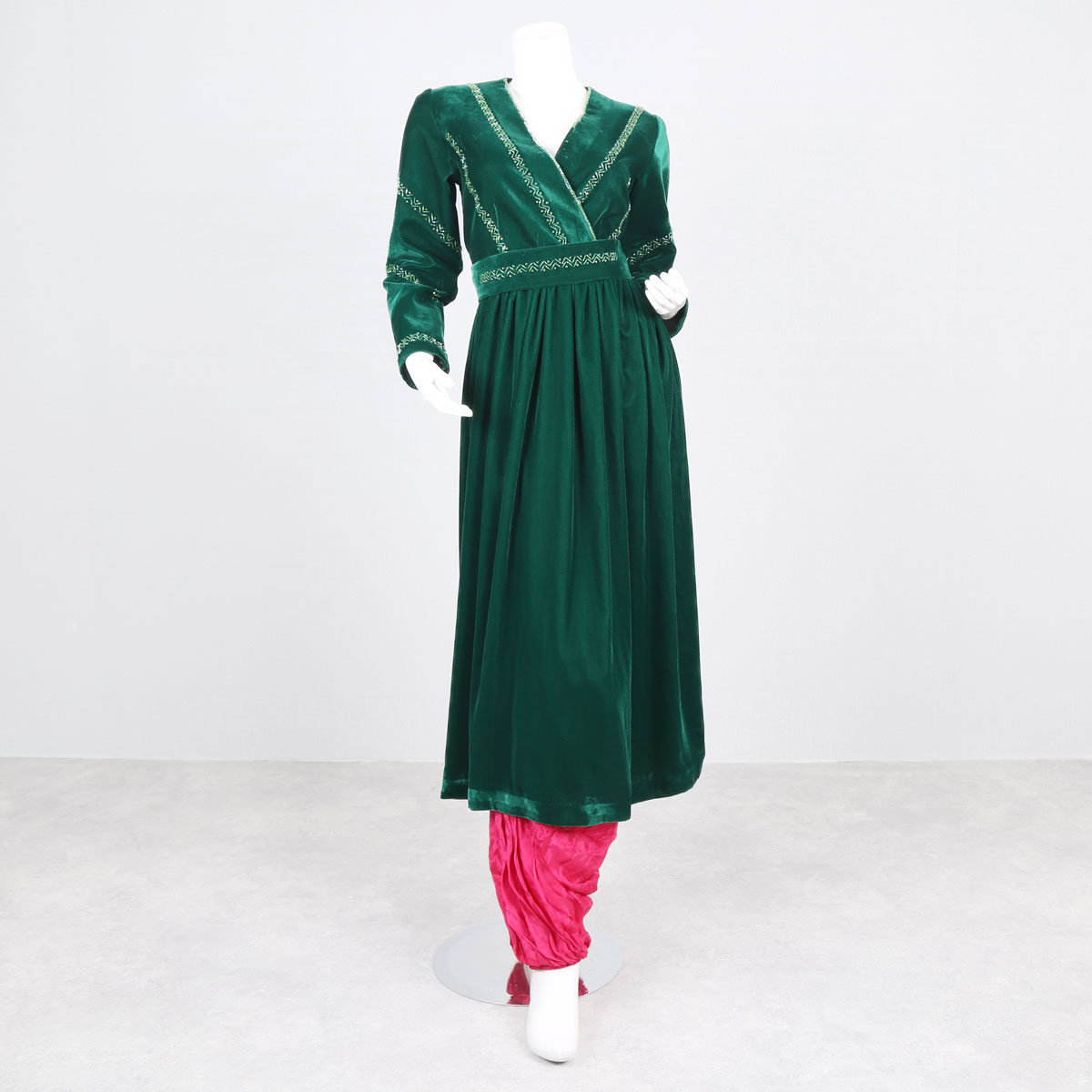 Dark Green Velvet Dress | V-Neck Pleated Long Frock