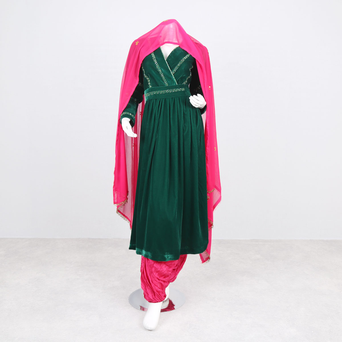 Dark Green Velvet Dress | V-Neck Pleated Long Frock