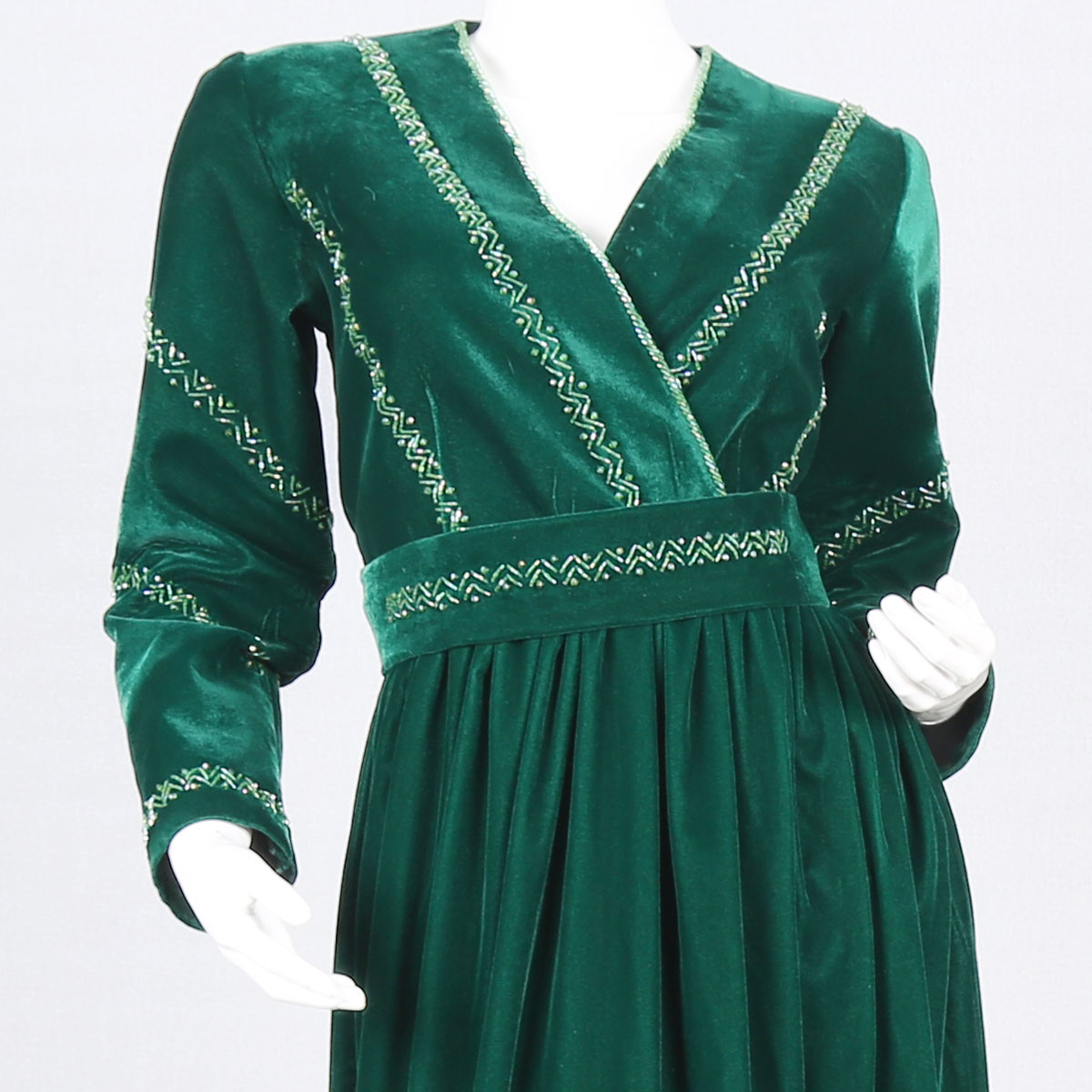Dark Green Velvet Dress | V-Neck Pleated Long Frock
