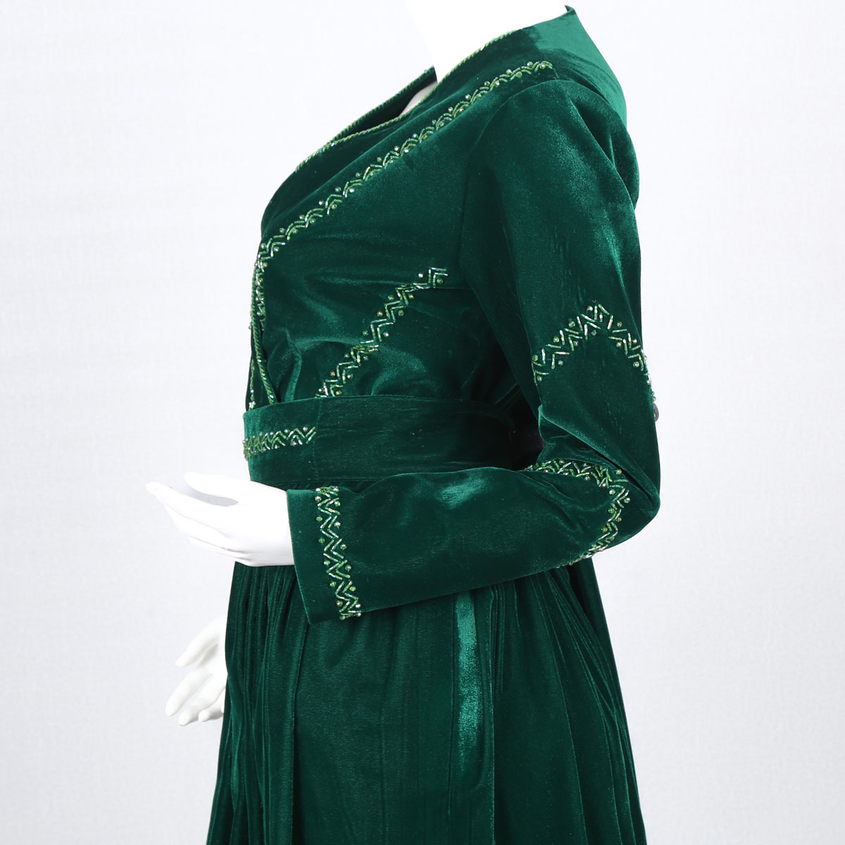 Dark Green Velvet Dress | V-Neck Pleated Long Frock