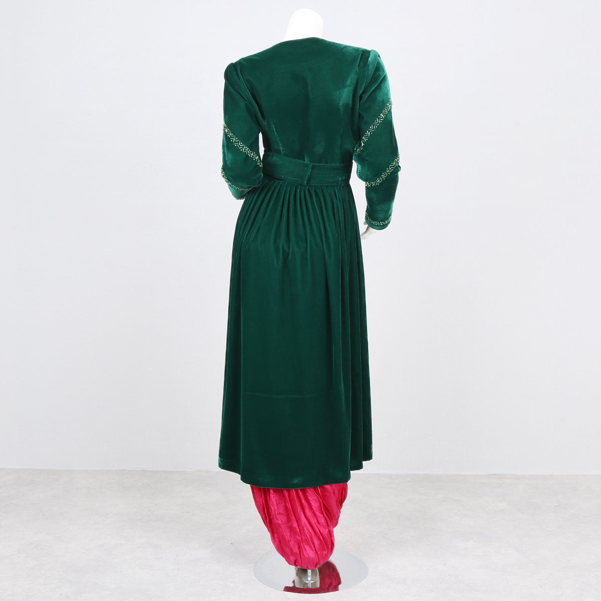 Dark Green Velvet Dress | V-Neck Pleated Long Frock
