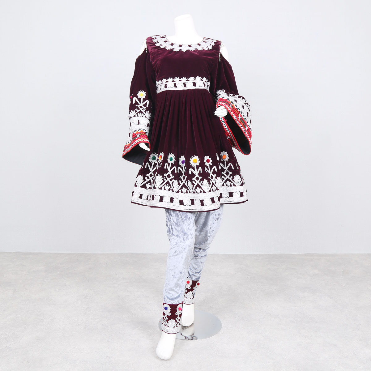 Open Sleeve Velvet Short Frock | Cherma Embroidered Maroon Dress 