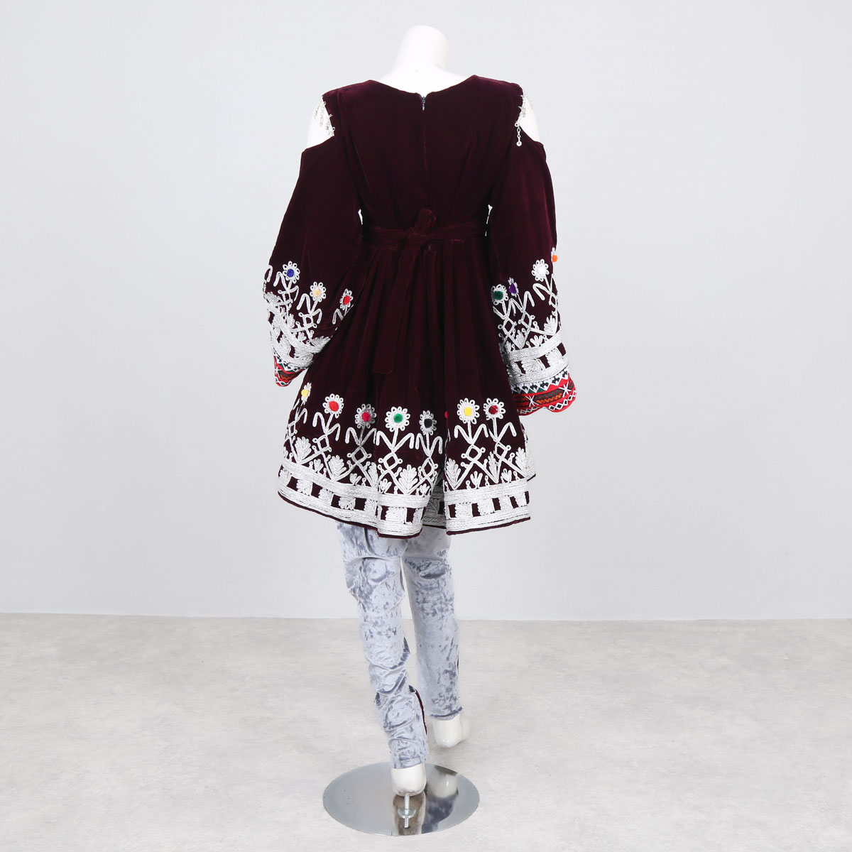 Open Sleeve Velvet Short Frock | Cherma Embroidered Maroon Dress 