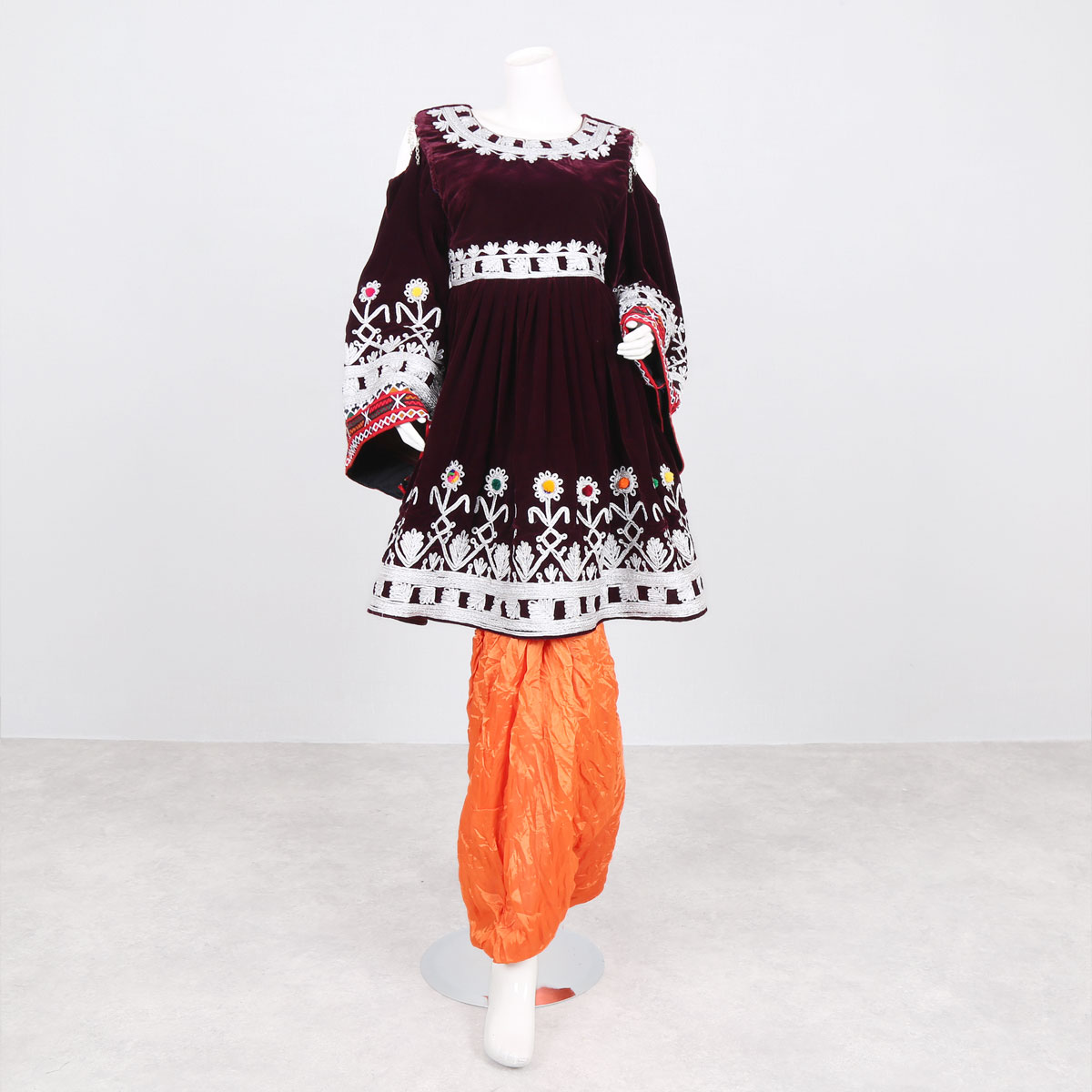 Cherma Embroidered Velvet Frock | Open Sleeve Pleated Dress