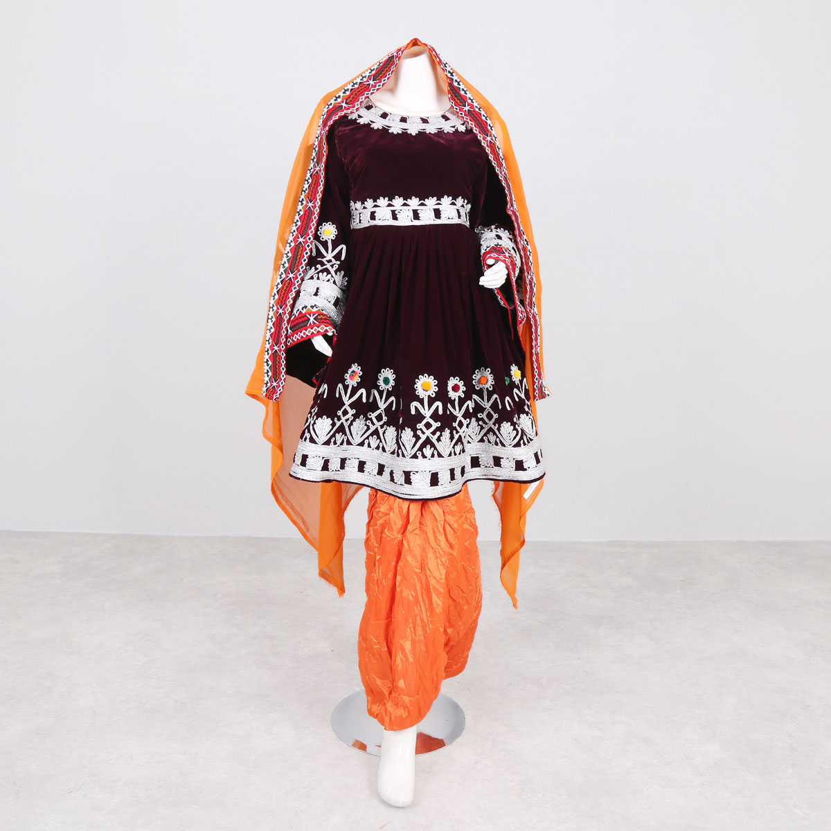 Cherma Embroidered Velvet Frock | Open Sleeve Pleated Dress