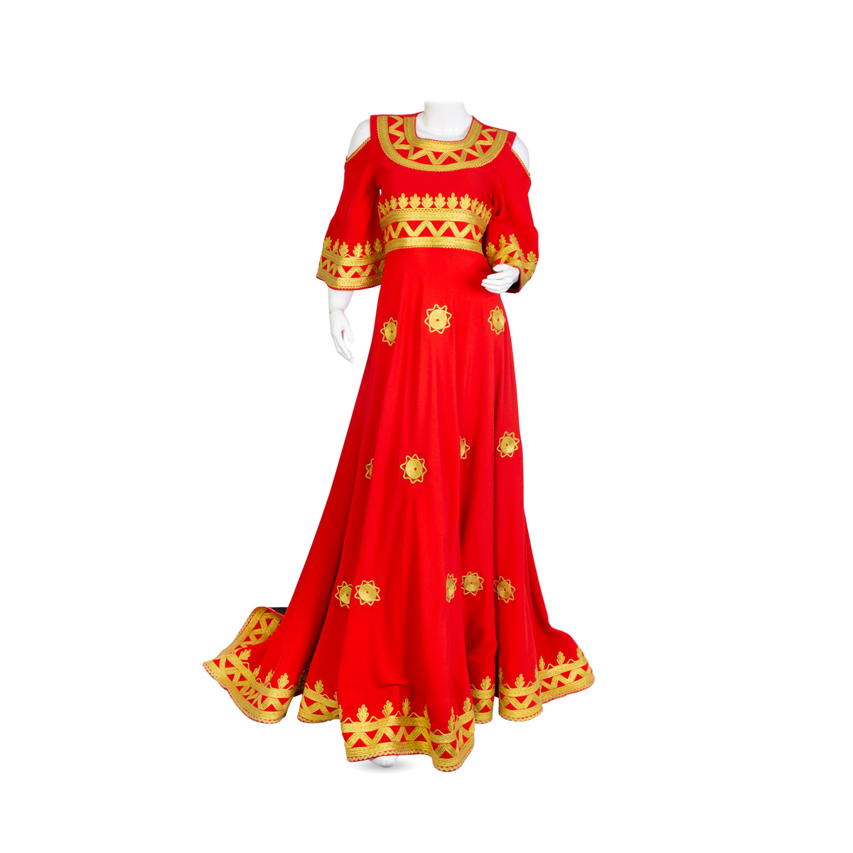 Afghan Red Long Dress With Golden-Colored Embroidery