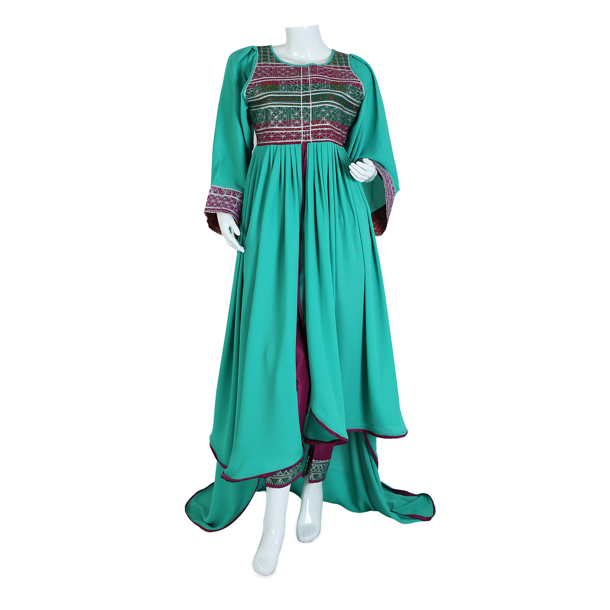 Afghan Jungle Green Crepe Fabric Long Dress with Trousers