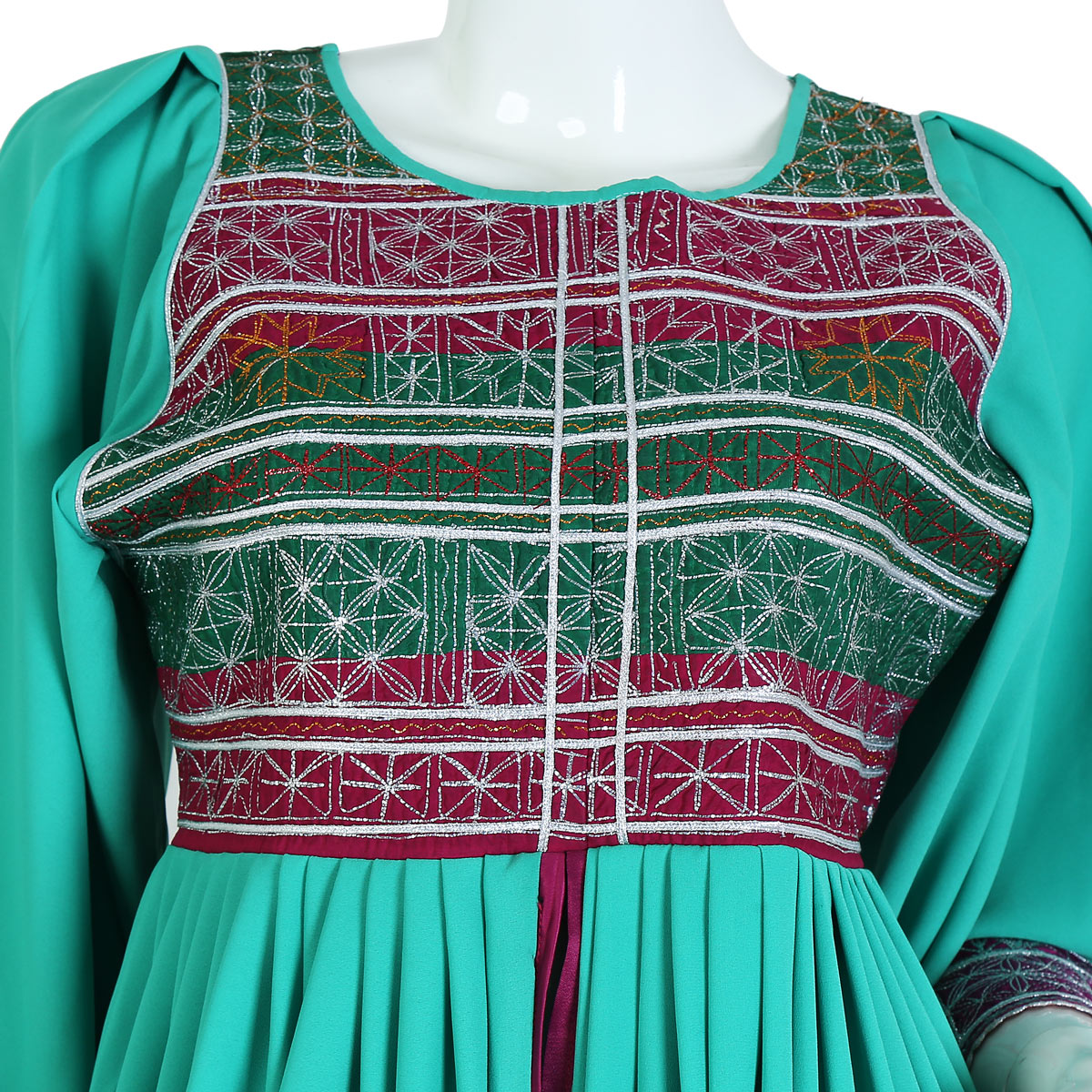Afghan Jungle Green Crepe Fabric Long Dress with Trousers