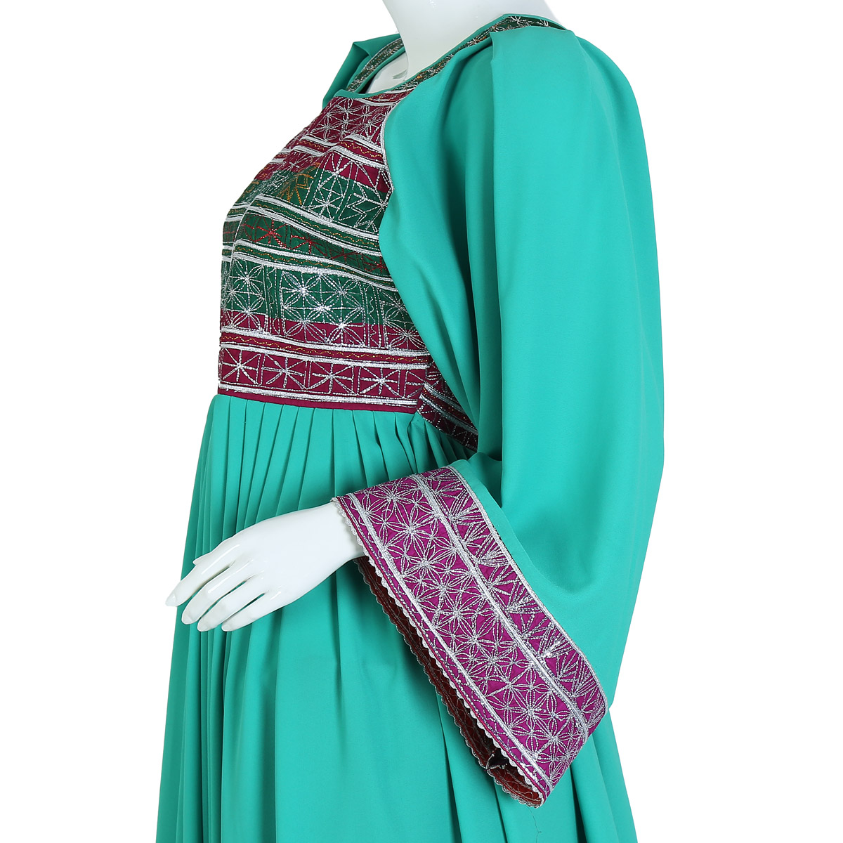 Afghan Jungle Green Crepe Fabric Long Dress with Trousers