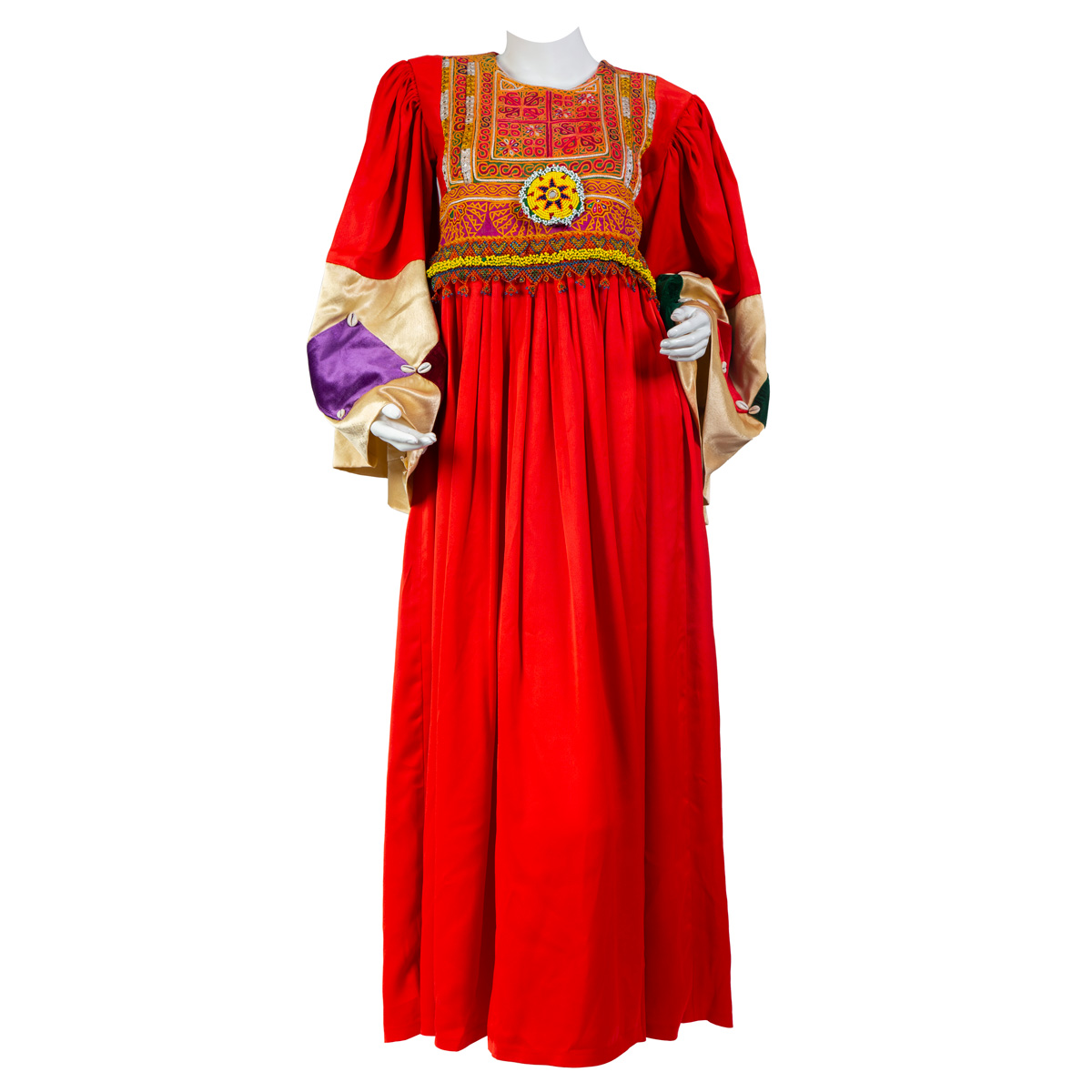 Red Plated Party Wear | Long Maxi With Bell Satin Sleeves
