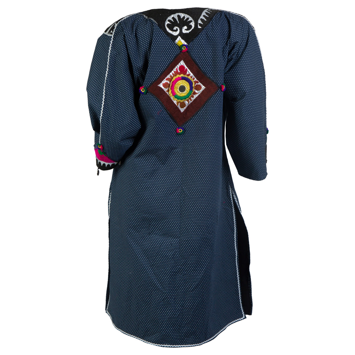 Short Cotton Plain Dress | Navy Blue Hand Embroidered Dress