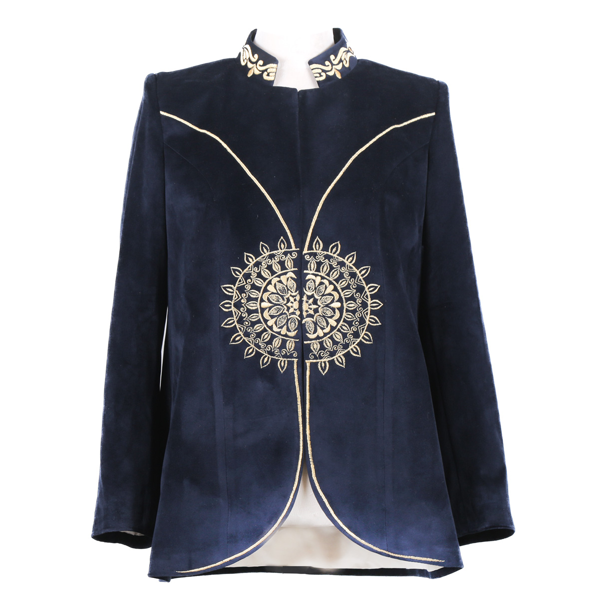 Dark Blue Short Women Coat| Lama Collared Embroidered Coat