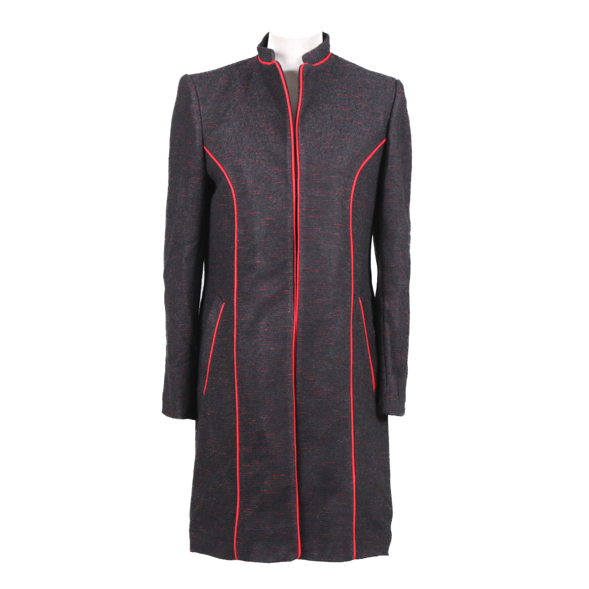 Women Coat With Red Speckles | Black Collared Long Coat