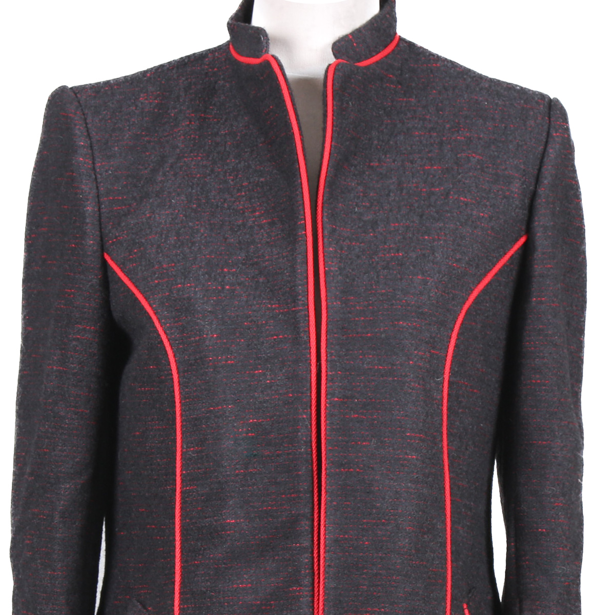 Women Coat With Red Speckles | Black Collared Long Coat