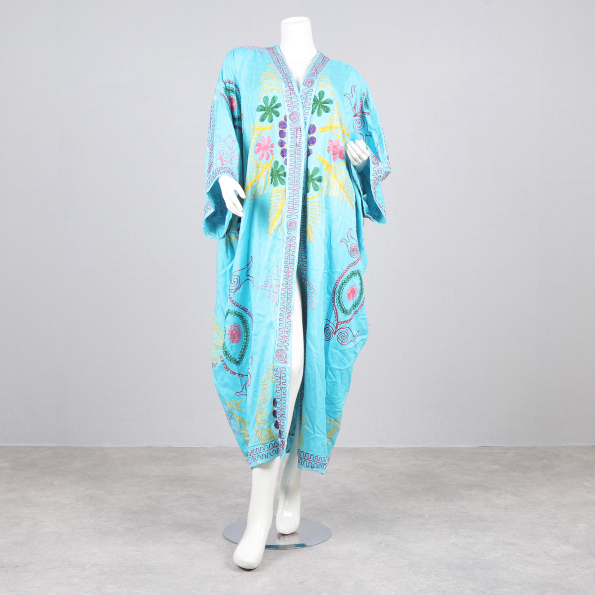 Sky Blue Hand-Stitched Cardigan| Floral Print Long Cardigan
