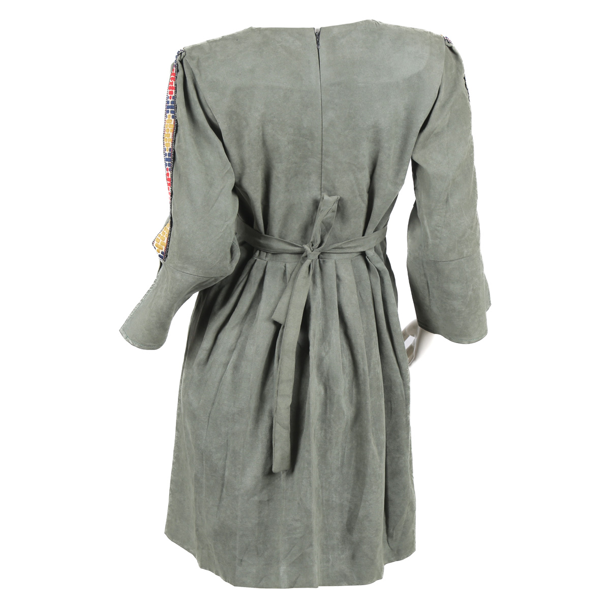 Gray Pleated Dress | Belted Embroidered Dress