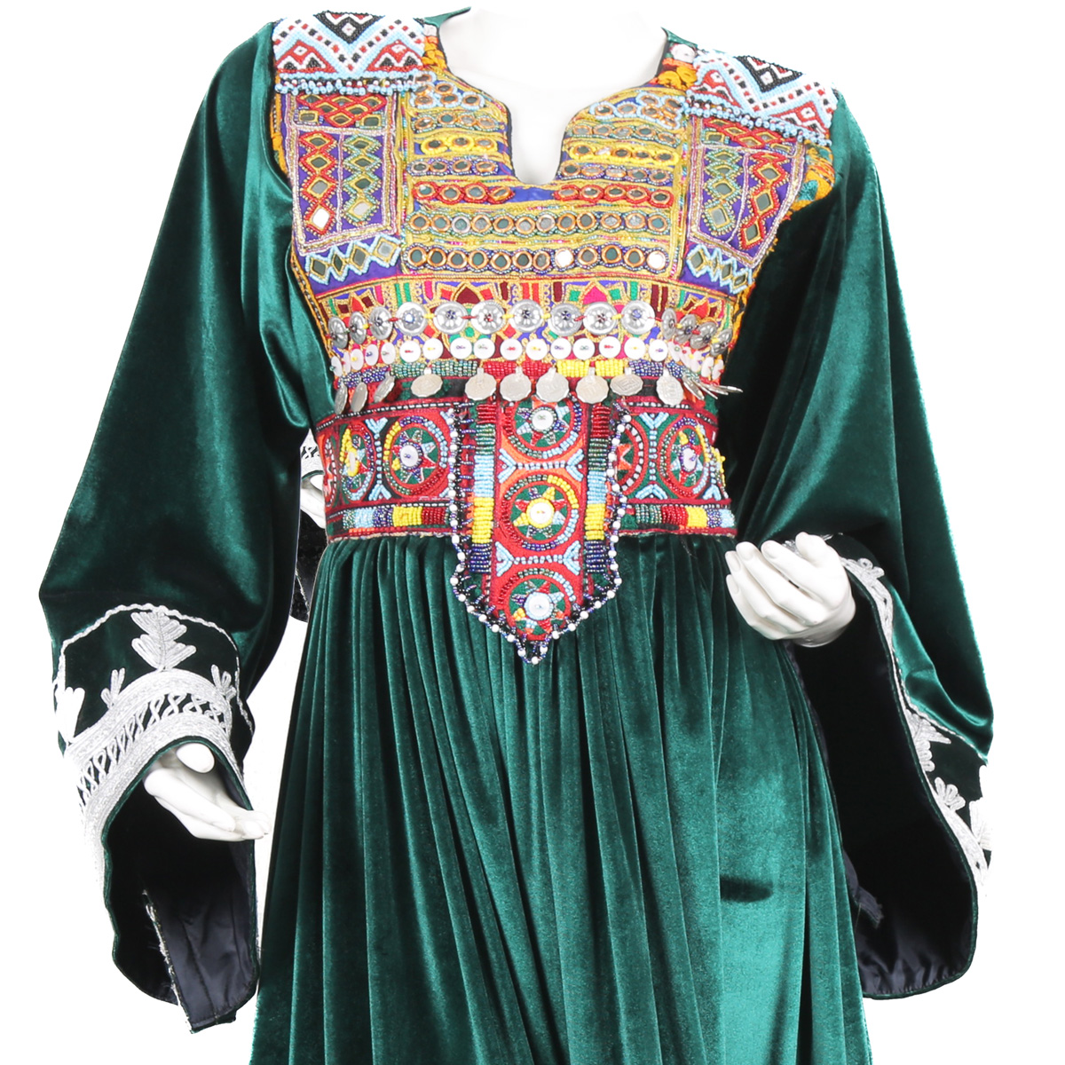 Green Velvet Sunray Pleated Dress | Gande Afghani