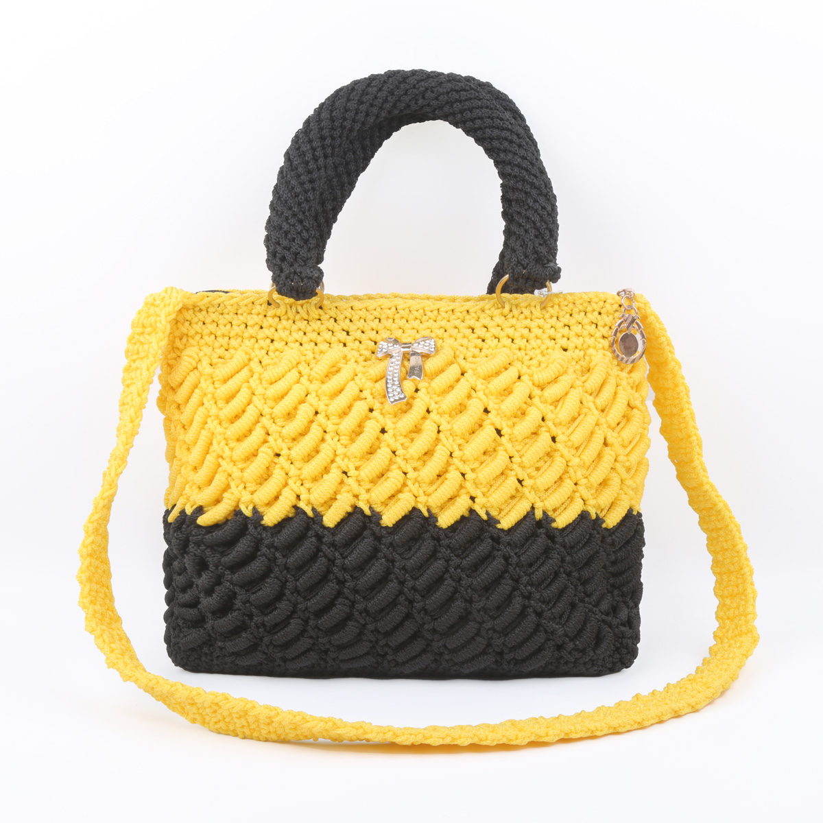 Yellow & Black Shoulder Bag | Hand Knitted Quilted Bag