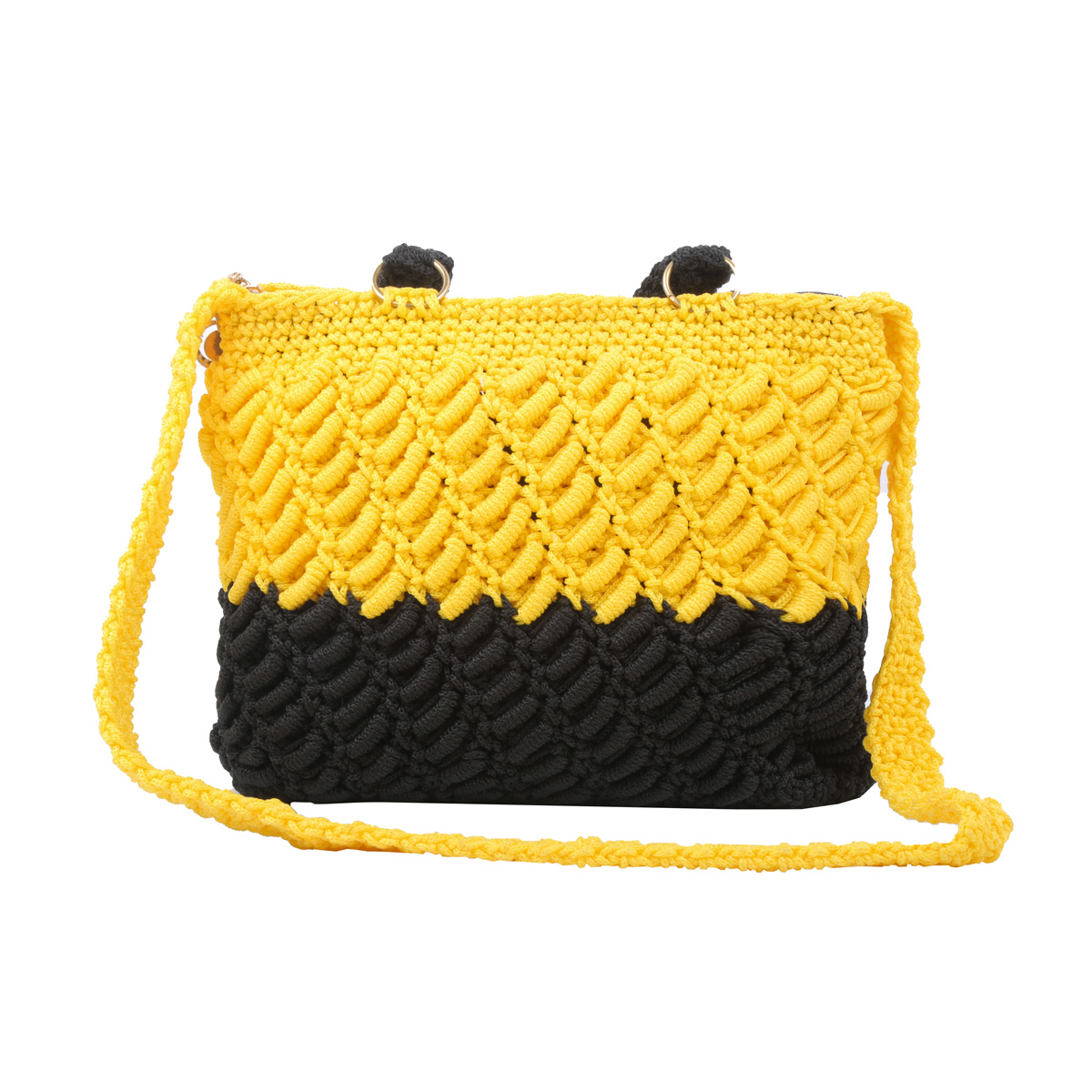 Yellow & Black Shoulder Bag | Hand Knitted Quilted Bag