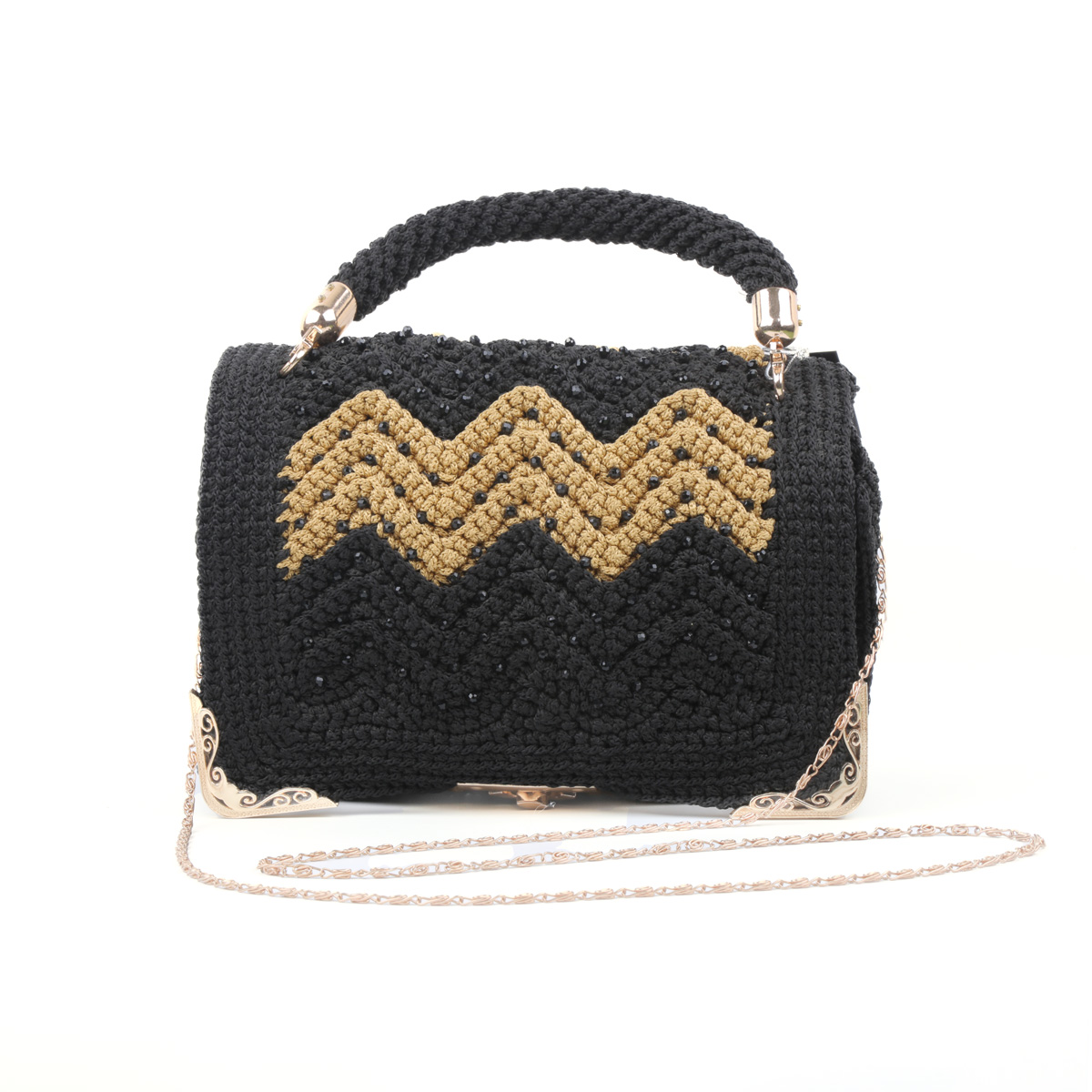 Black Cross-Body Shoulder Bag | Embroidered Chain Strap Bag