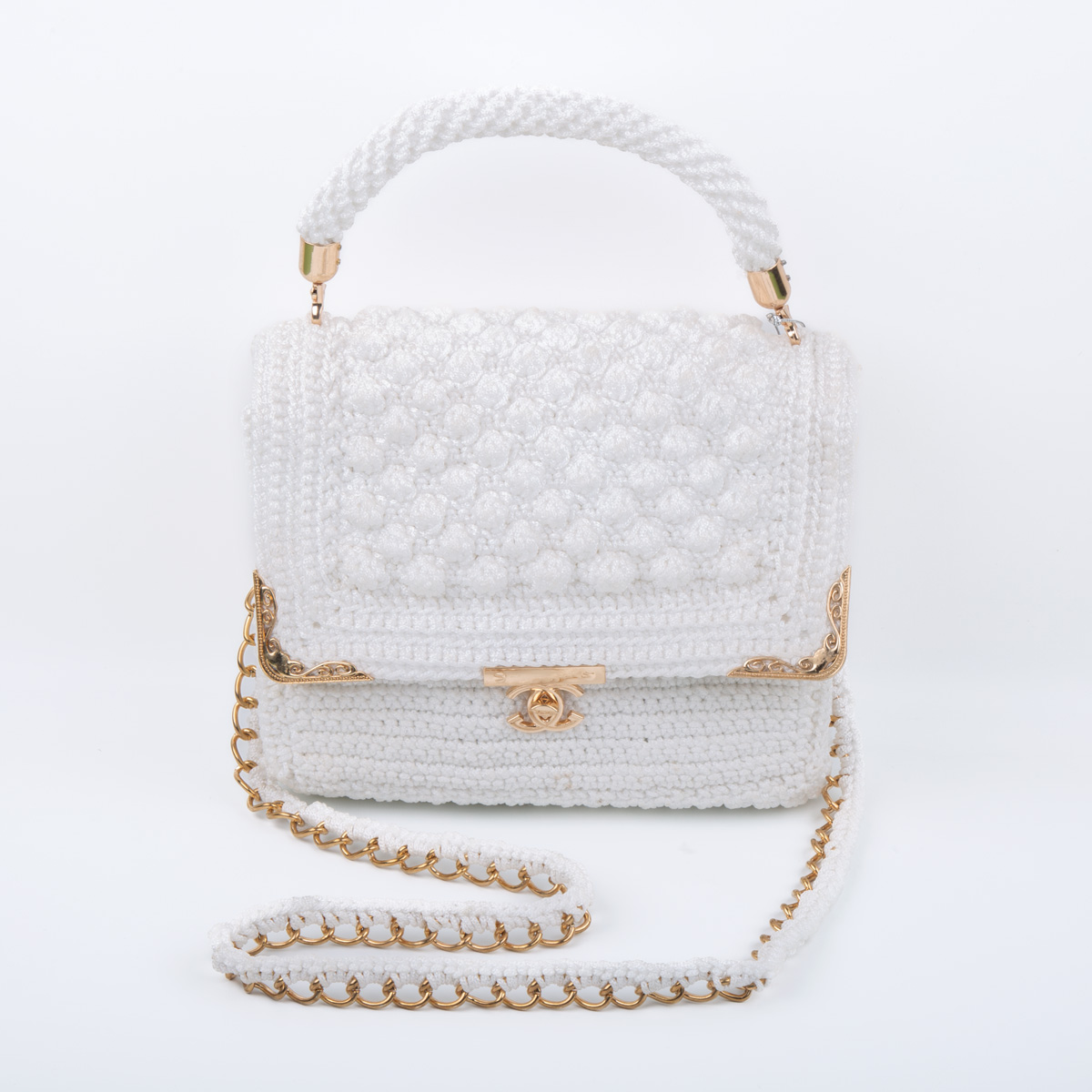 White Cross-Body Shoulder Bag | Embroidered Chain Strap Quilted Bag