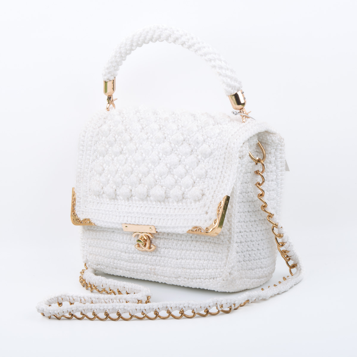 White Cross-Body Shoulder Bag | Embroidered Chain Strap Quilted Bag
