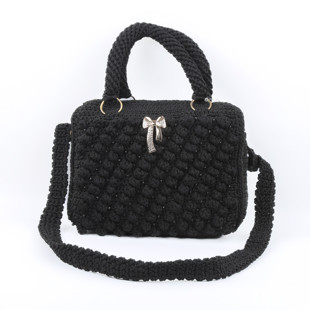 Black Zipped Baguette Bag | Embroidered Knitted Strap Shoulder Bag