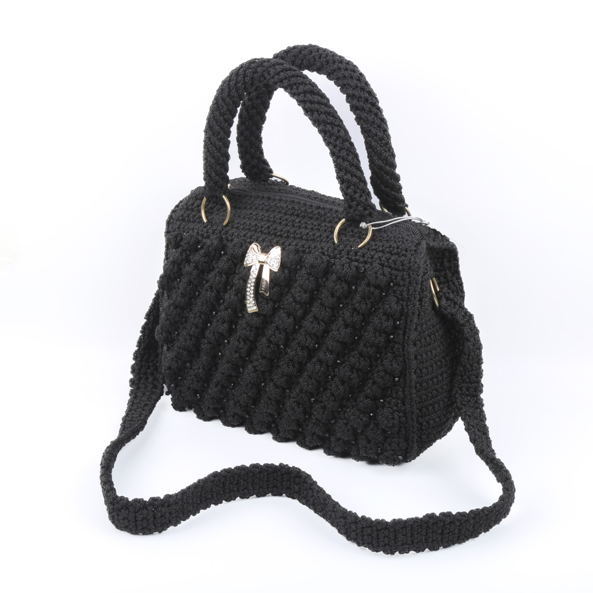 Black Zipped Baguette Bag | Embroidered Knitted Strap Shoulder Bag