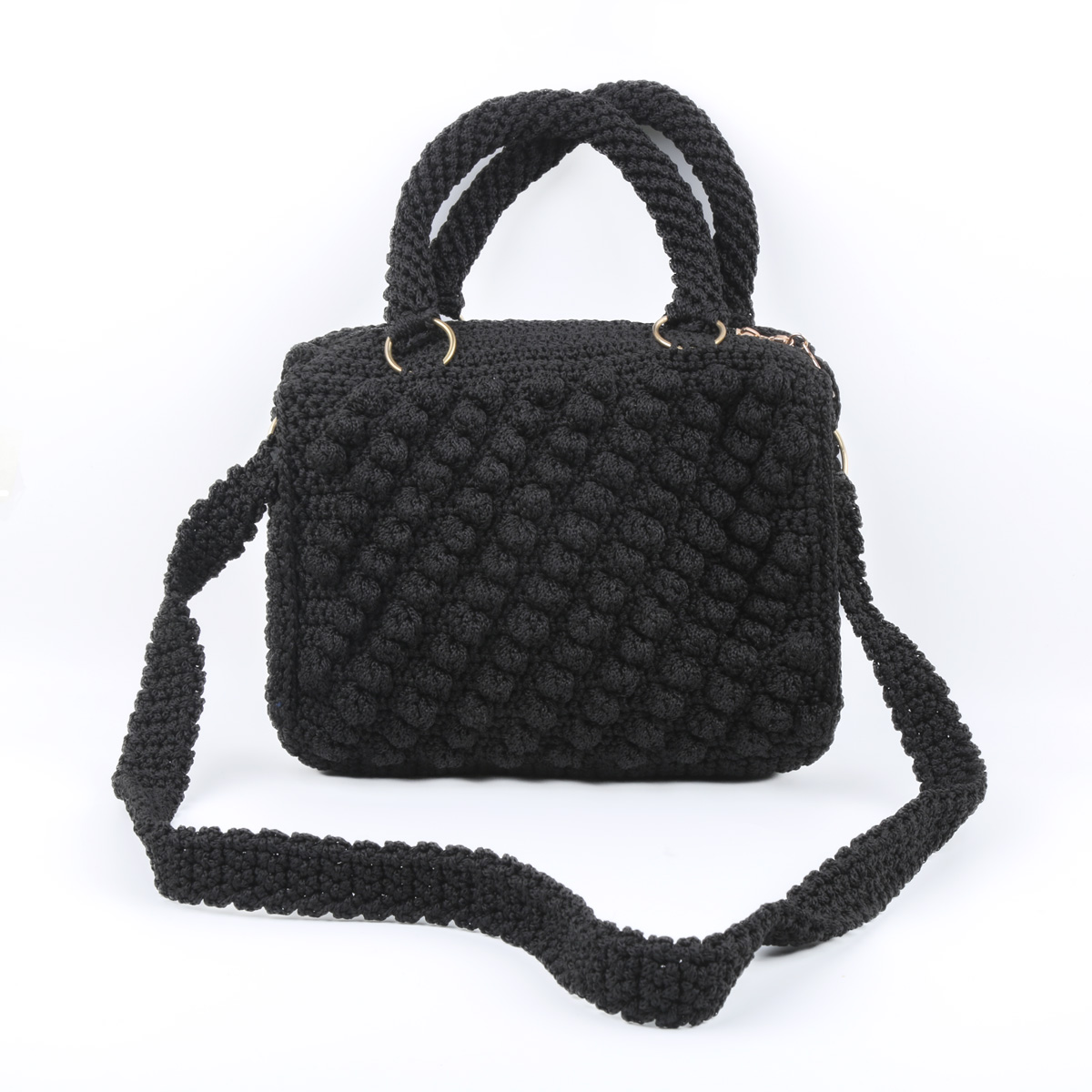 Black Zipped Baguette Bag | Embroidered Knitted Strap Shoulder Bag