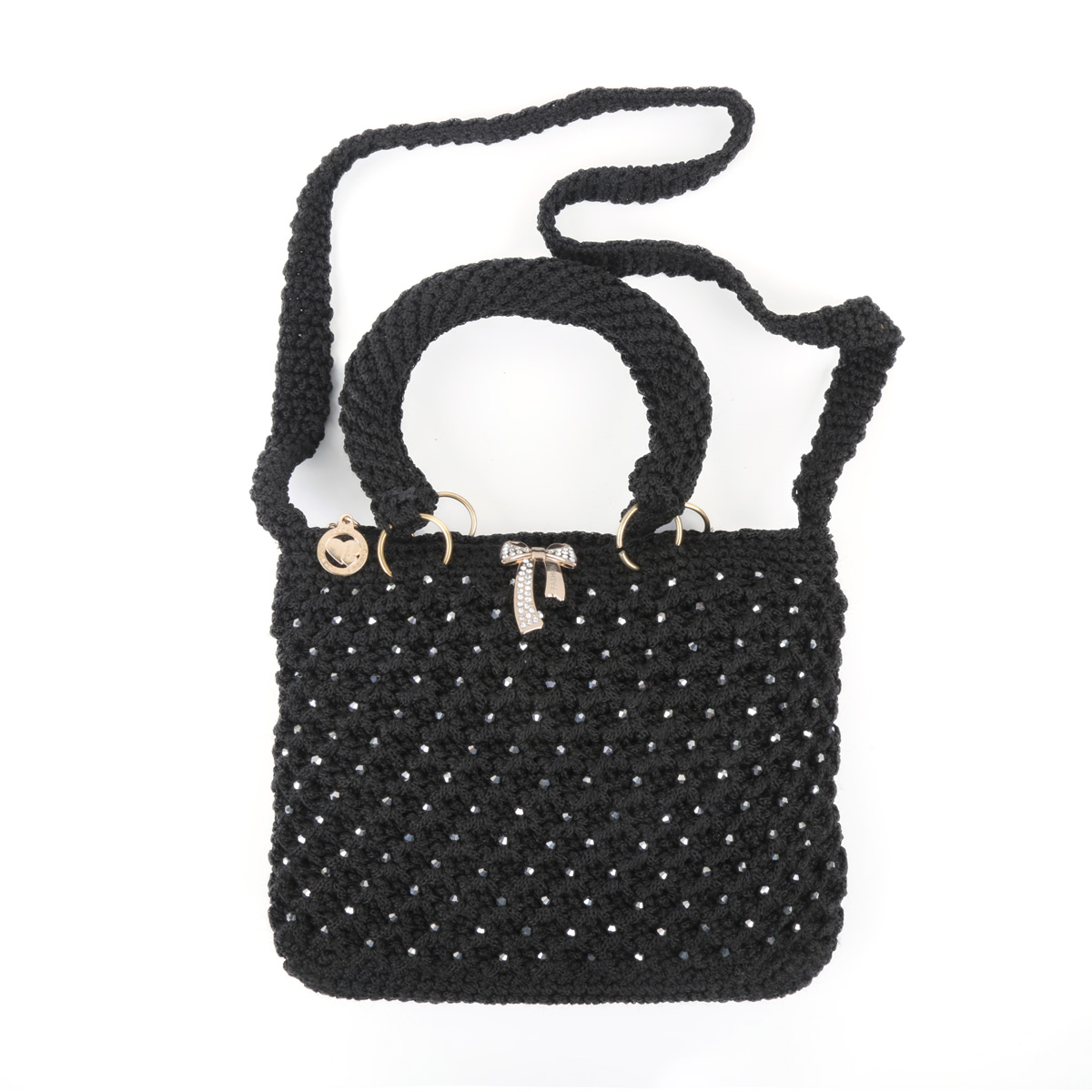 Black Birkin Shoulder Bag | White Bead Embroidered Quilted Bag