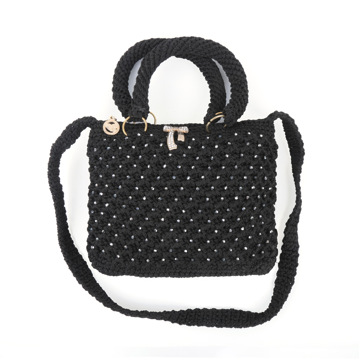 Black Birkin Shoulder Bag | White Bead Embroidered Quilted Bag