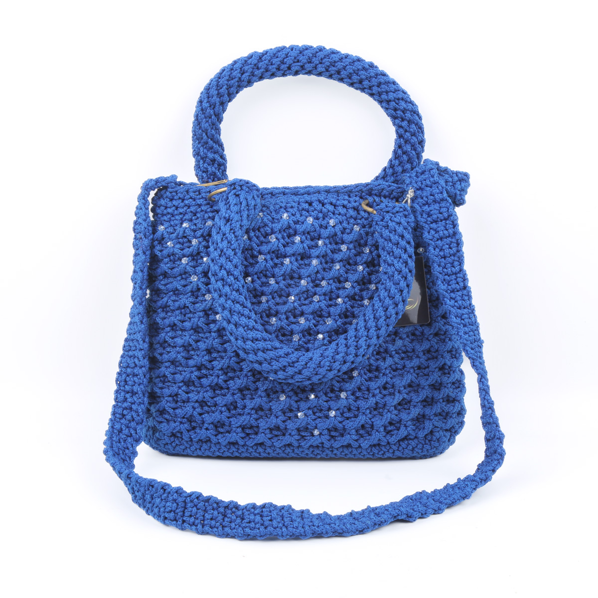 Blue Zipped Birkin Quilted Bag | White Bead Embroidered Shoulder Bag