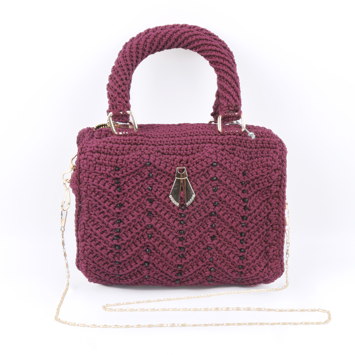 Violet Zipped Baguette Quilted Bag | Black Bead Embroidered Bag