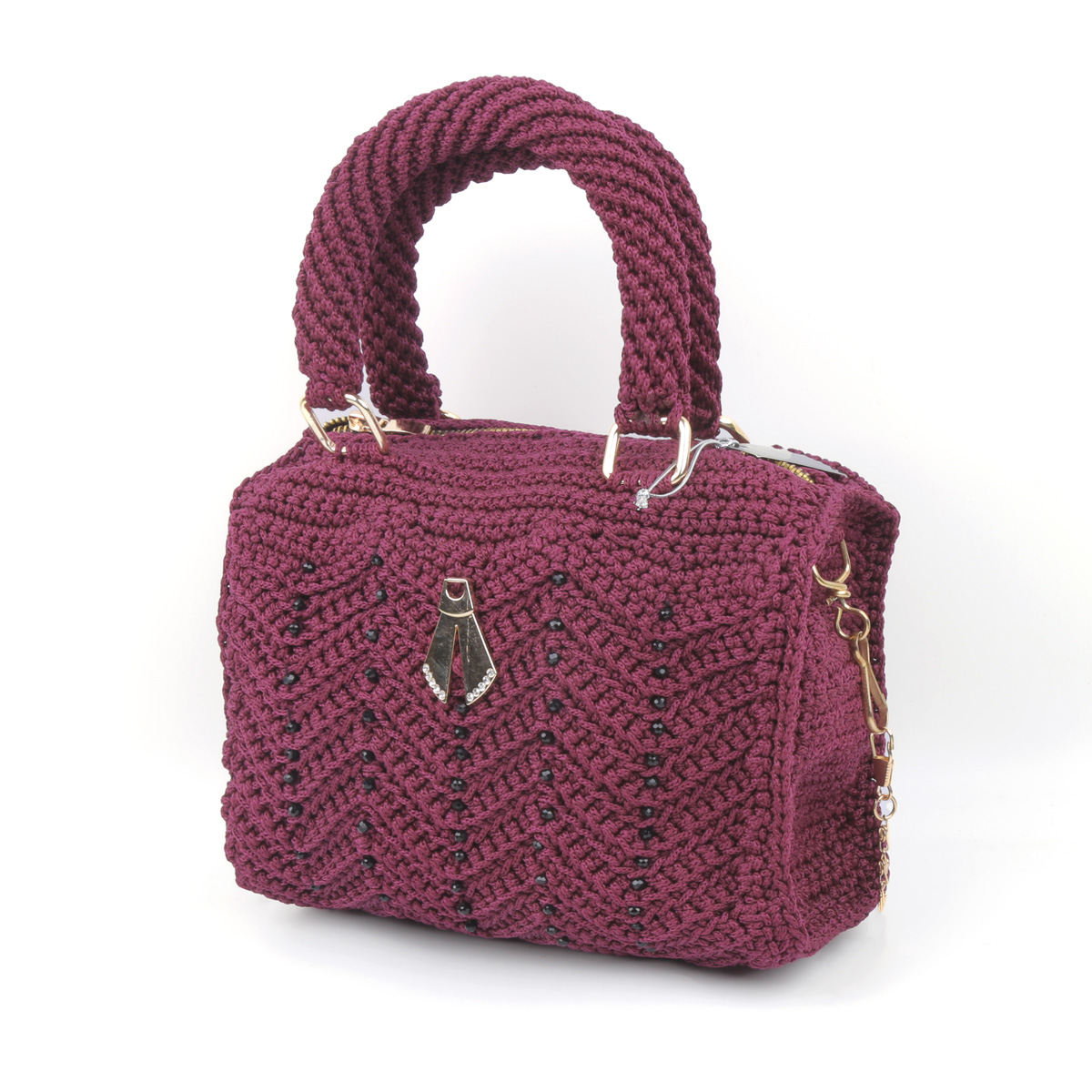 Violet Zipped Baguette Quilted Bag | Black Bead Embroidered Bag