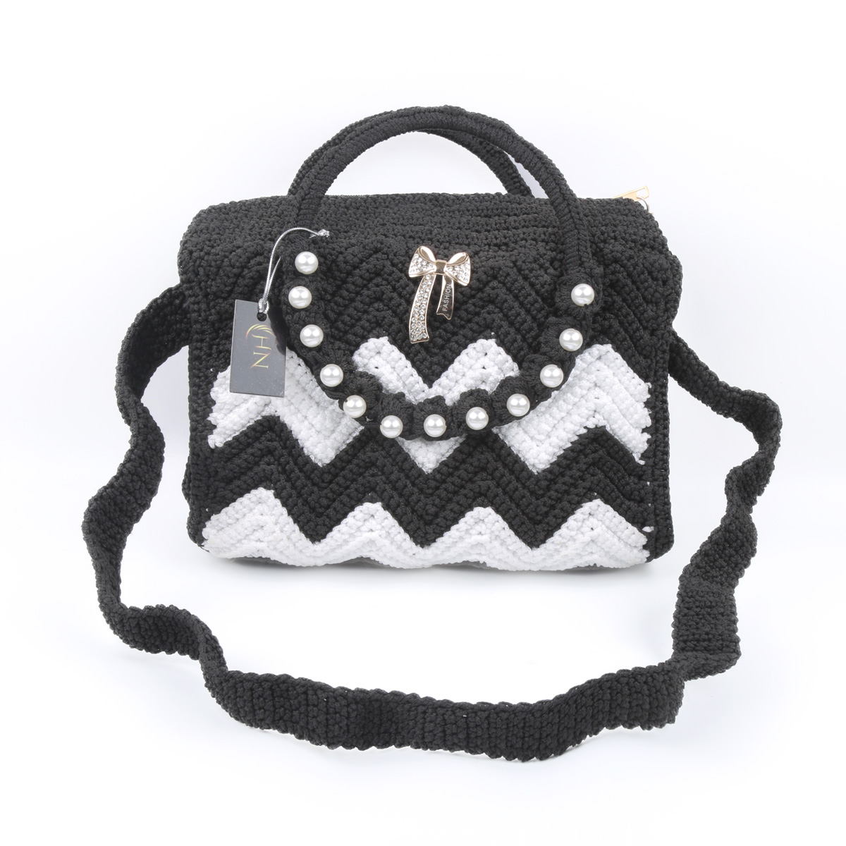 Black & White Zig Zag Baguette Bag | White Pearl Embroidered Bag