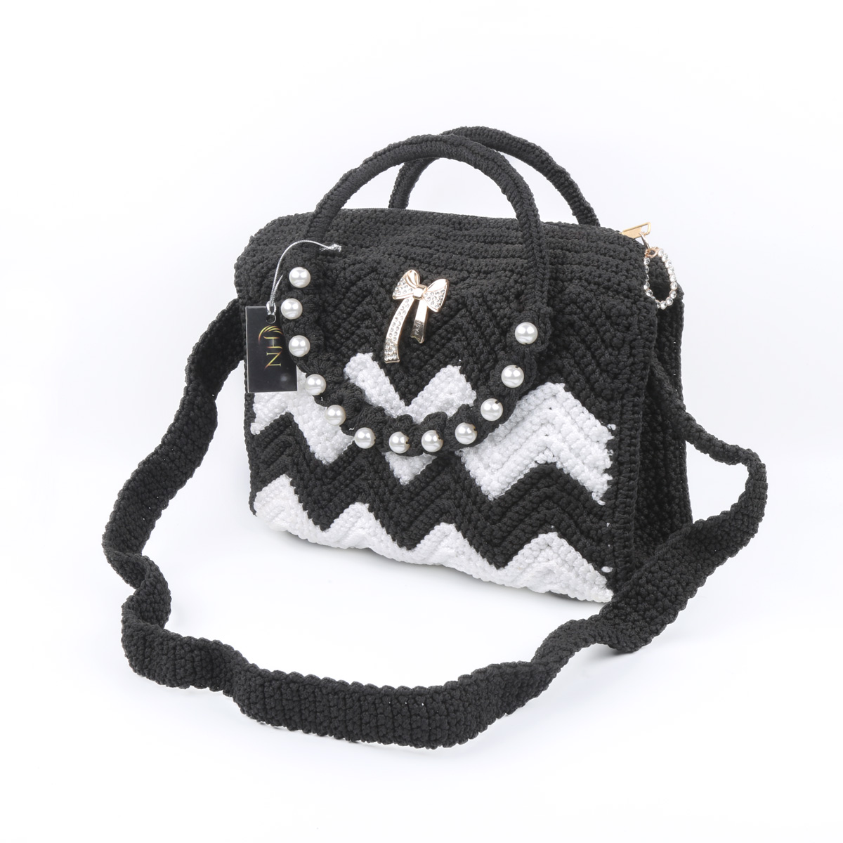 Black & White Zig Zag Baguette Bag | White Pearl Embroidered Bag